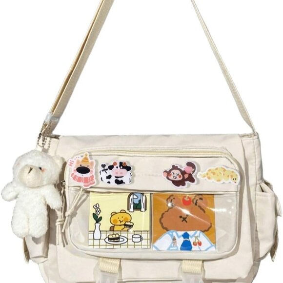 Kawaii White Japanese Ita Bag Messenger Crossbody with Pins for Women & Men - Picture 1 of 8